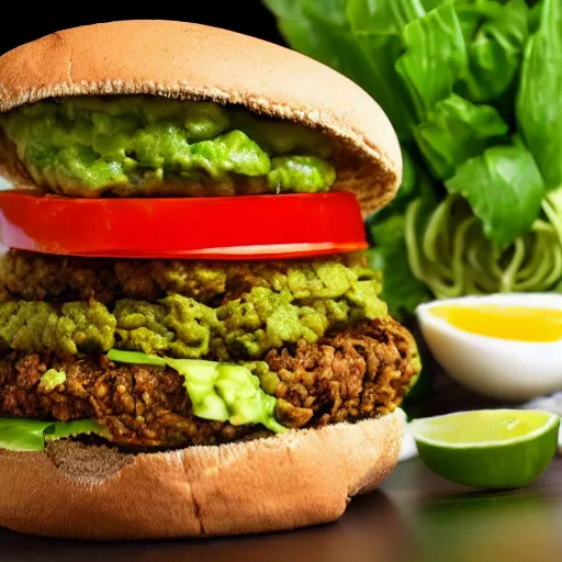 Image similar to vegan hamburger guacamole and crispy fried onion and fried egg toppings, crispy buns, 8 k resolution, studio lighting, sharp focus, hyper - detailed