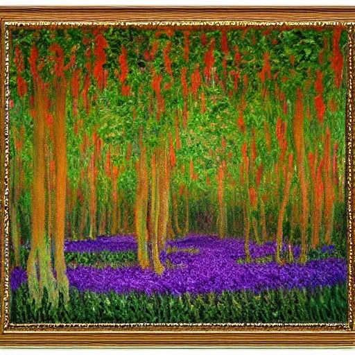 Image similar to mushroom forest, painted by monet, highly detailed, highly intricate, sense of scale, vast, mysterious, purple, smoke