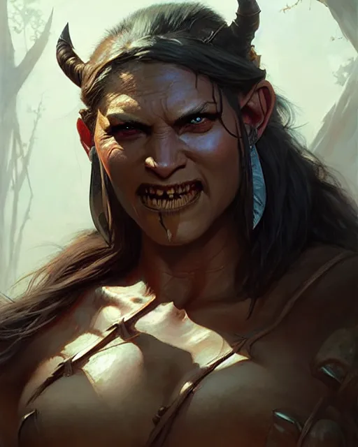 Image similar to a female orc barbarian | | realistic shaded, fine details, realistic shaded lighting poster by greg rutkowski, magali villeneuve, artgerm, jeremy lipkin and michael garmash and rob rey