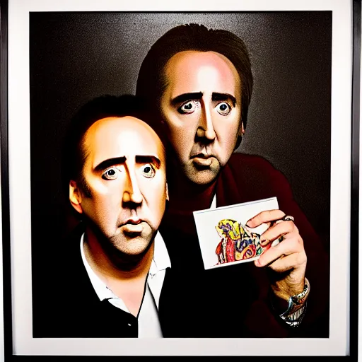 Prompt: Art photography Nicolas Cage holding another Nicolas Cage that holds another Nicolas Cage that painting Nicolas Cage on the wall Photorealism on 8K,Pentax 67, Kodak Portra 400