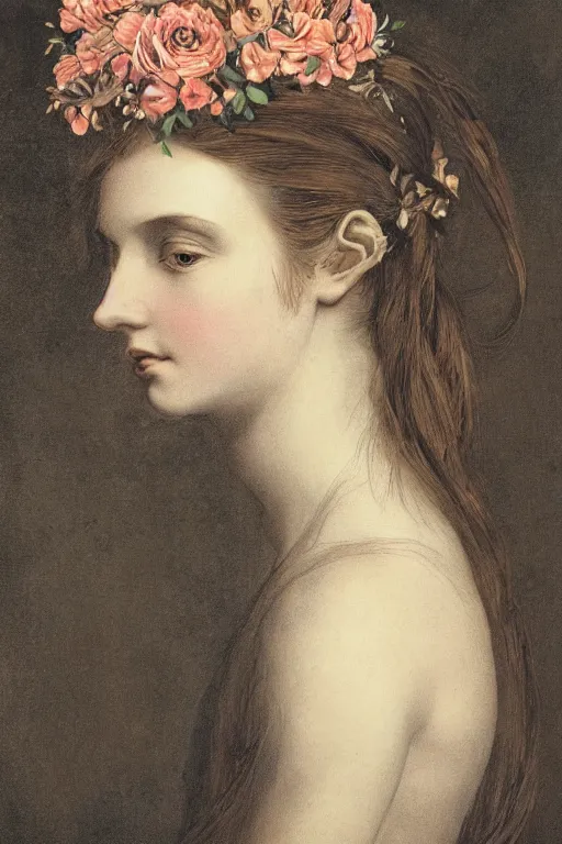 Image similar to close-up portrait of a beautiful young cyborg woman with a big flower crown, Honoré Beaumier lithography