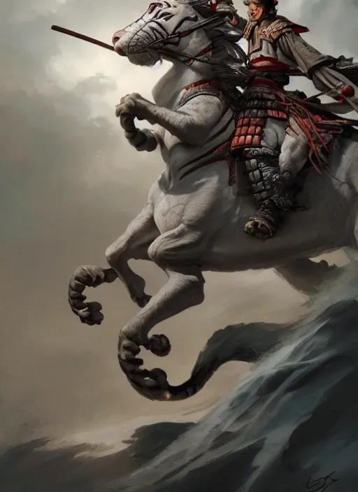 Image similar to samurai riding on a white tiger, subsurface scattering, by jesper ejsing, justin gerard, tomasz alen kopera, cgsociety and fenghua zhong, highly detailed, rim light, cinematic lighting, illustration, art, octane render, very coherent, cinematic, hyper realism, high detail, octane render, 8 k