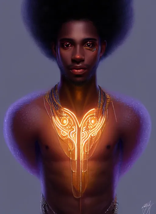 Image similar to photographic portrait of an handsome young black man with an afro, glowing lights intricate, elegant, highly detailed, digital painting, artstation, concept art, smooth, sharp focus, illustration, art by artgerm and greg rutkowski