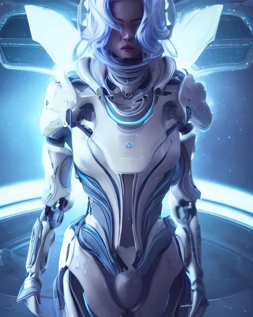 Image similar to perfect android girl on a mothership, warframe armor, beautiful face, scifi, futuristic, galaxy, nebula, raytracing, dreamy, long white hair, blue cyborg eyes, sharp focus, cinematic lighting, highly detailed, artstation, divine, by gauthier leblanc, kazuya takahashi, huifeng huang