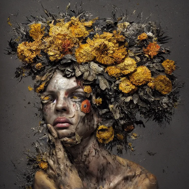 Image similar to A beautiful oil painting hyperrealism of a decayed black head, rotting black clay skin, gold flaked flowers, floral headdress, 8k resolution, octane render, Trending on artstation, by Gediminas Pranckevicius, volumetric light 2blue fractal Thunder glow by dan mumford, anaglyph effect, Laurie Lipton