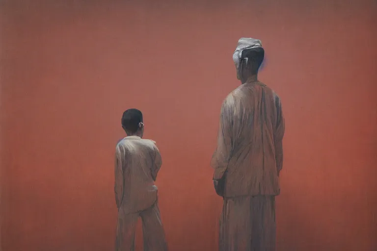 Image similar to a uyghur prisoner, in the style of beksinski, parts by edward hopper, parts by rodcenko, parts by yue minjun, intricate and epic composition, symmetrical, red by caravaggio, insanely quality, highly detailed, masterpiece, red light, artstation, 4 k