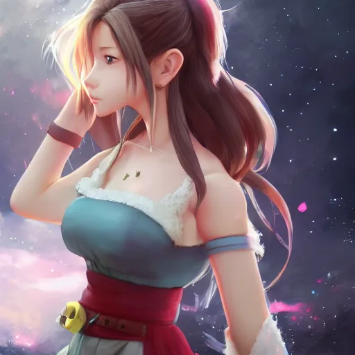 Image similar to full body shot of aerith ff7 by wlop, rossdraws, mingchen shen, bangkuart, sakimichan, yan gisuka, jeongseok lee, artstation, 4k