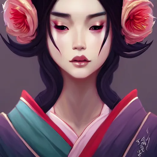 Prompt: a portrait of a beautiful geisha, art by lois van baarle and loish and ross tran and rossdraws and sam yang and samdoesarts and artgerm and saruei, digital art, highly detailed, intricate, sharp focus, Trending on Artstation HQ, deviantart, unreal engine 5, 4K UHD image