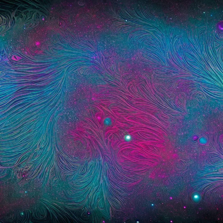 Image similar to an highly detailed irregular warped fractal of feathers by Emek Golan, background of outer space neon nebulas by Pilar Gogar, 8k hdr octane render