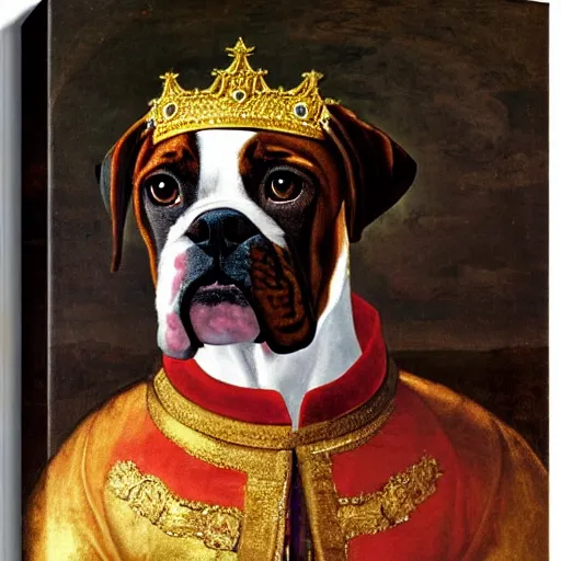 Image similar to potrait of boxer dog dressed as a king in a royal gown, renaissance painting