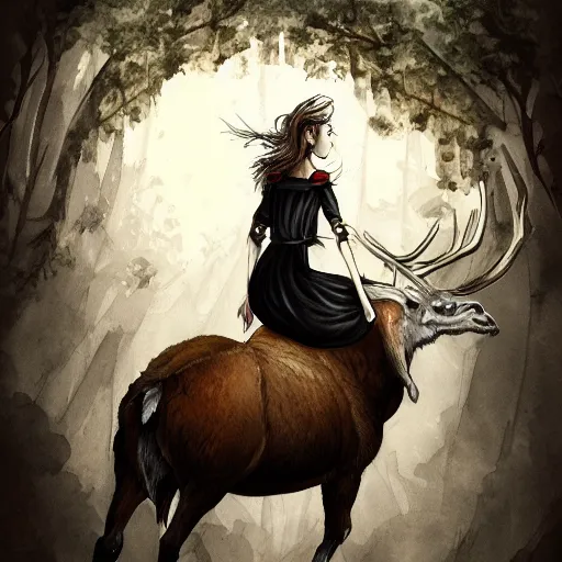 Image similar to girl in a dress riding a giant elk, trending on art station