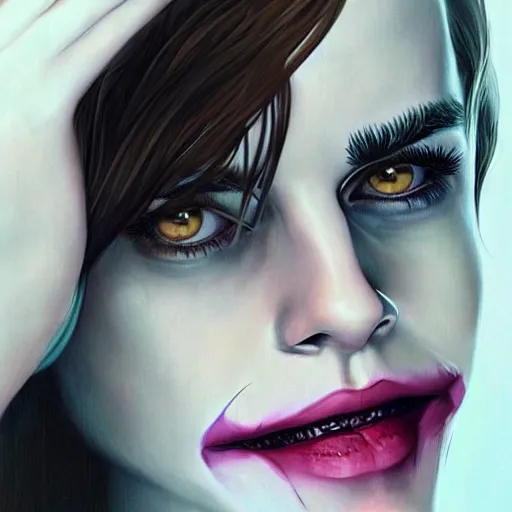 Image similar to emma watson as the joker, realistic, intricate, elegant, art by artgerm and wlop