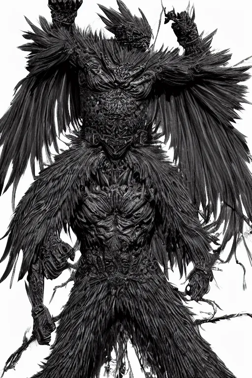 Image similar to raven monster, human figure, highly detailed, digital art, sharp focus, trending on art station, kentaro miura manga art style