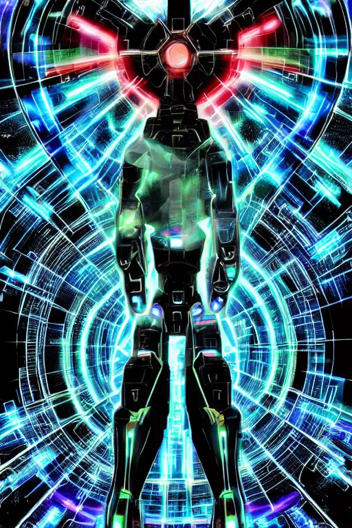 Prompt: mecha standing in front of the time-space vortex made of reflective glass, caustics, depth of field, in neon on a black color scheme with fluorescent fire, in the graphic style of Matt James, detailed art, trending on Artstation, sharp focus, comic art