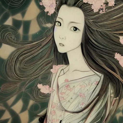 Prompt: yoshitaka amano blurred and dreamy realistic illustration of a young japanese woman with black eyes, wavy white hair fluttering in the wind wearing dress suit with tie, junji ito abstract patterns in the background, satoshi kon anime, noisy film grain effect, highly detailed, renaissance oil painting, weird portrait angle, blurred lost edges, three quarter view