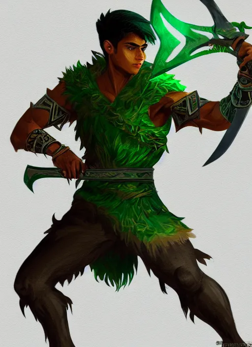 Prompt: a highly detailed illustration of fierce attractive young tanned short haired tribal latino boy wearing green wolf cape, heroic wielding sword pose, muscular, intricate, elegant, highly detailed, centered, digital painting, artstation, concept art, smooth, sharp focus, league of legends concept art, wlop