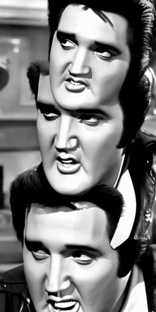 Image similar to photo portrait elvis in an english chip shop, screenshot from bollywood muscial