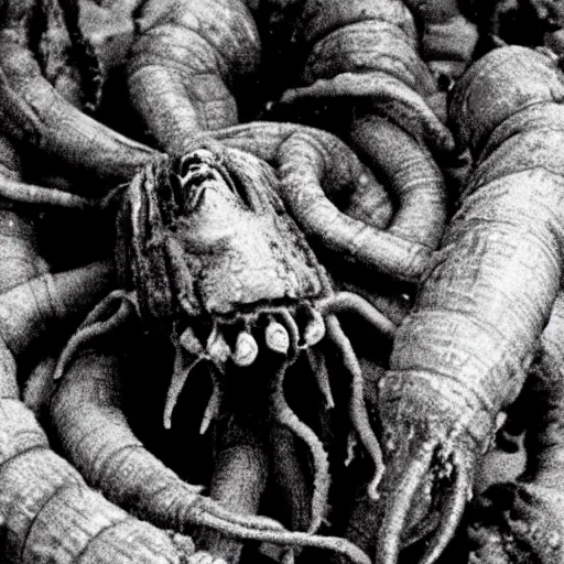 Image similar to horrible creature from the movie The thing (1982). disgusting. movie scene. blood. creepy. tentacles. peeling. chilling. scary. gross. visceral. disturbing. granular photography W-1024 H1024