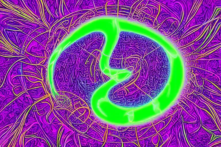 Image similar to digital art of a realistic bright glowing neon purple octopus floating in space by alex grey, (arcylic), ((synthwave)),