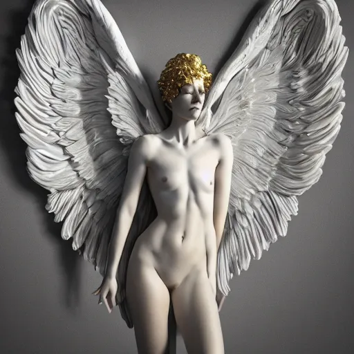 Image similar to a statue made of white marble with gold veins, of an beautiful gorgeous angel girl with huge wings, full body shot, perfect symmetrical body, perfect symmetrical face, no eyes, hyper realistic, hyper detailed, fujicolor superia 1 6 0 0 photo, by peter kemp, by monia merlo, by michelangelo octane render, blender, 8 k