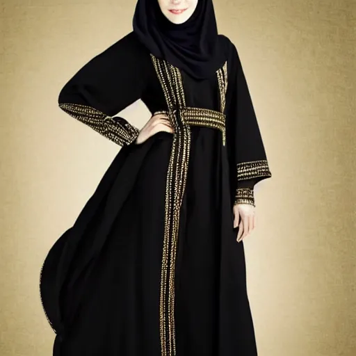 Image similar to A full body portrait of Emma Stone wearing Black Arabian khaleeji abaya Abaya, high quality, fully detailed, 4k