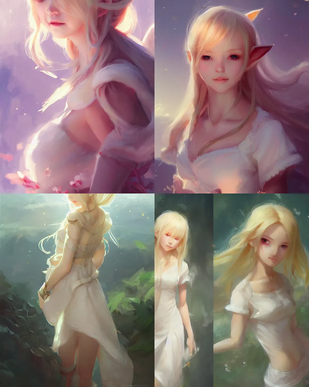Image similar to elf girl with blonde hair and white dress, half - length photo, illustration, soft lighting, bright, by wenjun lin an krenz cushart