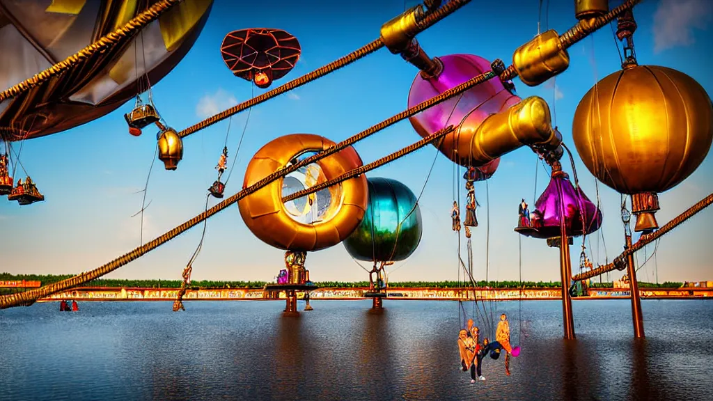 Prompt: large colorful futuristic space age metallic steampunk steam - powered balloons with pipework and electrical wiring around the outside, and people on rope swings underneath, flying high over the beautiful klaipeda in lithuania city landscape, professional photography, 8 0 mm telephoto lens, realistic, detailed, photorealistic, photojournalism