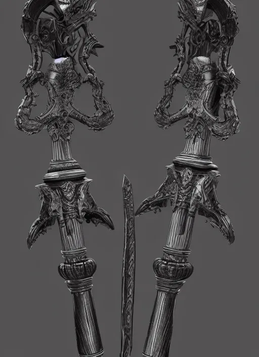 Prompt: a black long sword skull crest, orthographic, ornament, weapon, a 3 d render by dom qwek, front side views full, trending on polycount, artstation, hard surface modeling, rendered in maya, 3 ds max, blender, hd, vray, dark souls