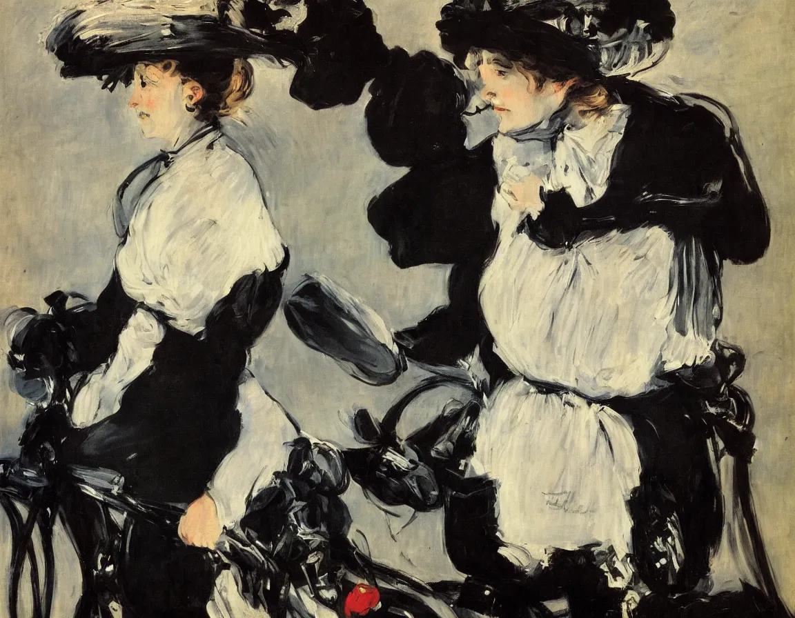 Image similar to edouard manet. a wide portrait of a marie from the side all dressed in black on a motorcycle on a highway looking over her shoulder towards us. blue sky. there is another motorcycle blurred in the background. precise thin brush strokes. expressive. emotional. modern.