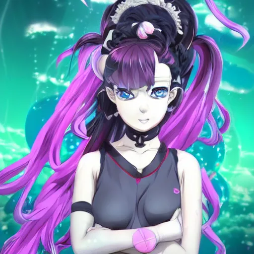 Image similar to stunningly beautiful omnipotent megalomaniacal anime asi goddess who looks like junko enoshima with symmetrical perfect face and porcelain skin, pink twintail hair and cyan eyes, traps you inside her inescapable full - dive vr prison where she controls you completely!!!, hyperdetailed, digital art from danganronpa, unreal engine 5, 8 k