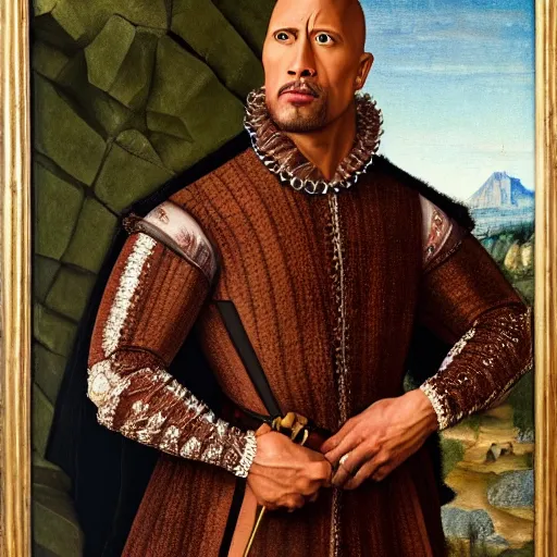 Prompt: a highly detailed portrait of dwayne johnson, wearing elegant tudor clothes, inside a room with thick red tapestries, oil painting by hans holbein and alessandro allori and richard burbage