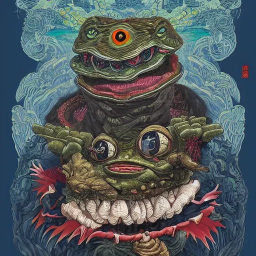 Prompt: a hyperdetailed design of pepe the frog, wearing blue shirt, ferocious, chinese mythology, victo nga, fumo yoshitoshi, ren jing jeong, feifei ruan, peter mohrbacher,, biomehieronymus spang, arunanondchai, murals, veileducationary, esllection, digital art