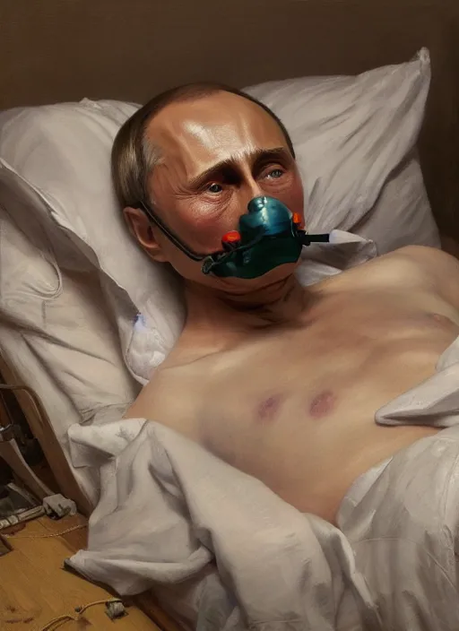 Prompt: a super very hyperrealistic oil painting of ill Vladimir Putin as a patient wearing an oxygen mask on a death bed inhaling from Copium tank that stand near his bed, visible face, by Laurie Greasley, Lawrence Alma-Tadema, Dan Mumford, artstation, deviantart, FAN ART, full of color, Digital painting, face enhance, highly detailed, 8K, octane, golden ratio, cinematic lighting