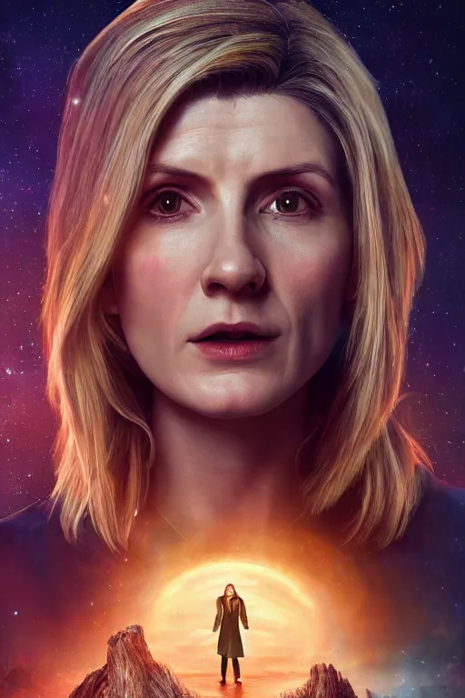 Prompt: Jodie Whittaker, Thirteenth Doctor, half-body portrait, smooth, magical, forest, evening, yellow mist, Doctor Who, symmetrical face, large eyes, hyper realistic, digital art, octane render, trending on artstation, artstationHD, artstationHQ, unreal engine, 4k, 8k