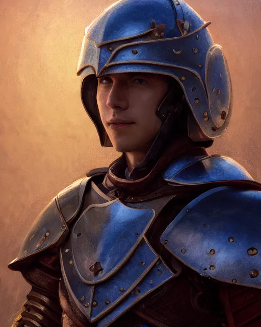 Prompt: macro closeup headshot of a boy wearing full plate armor, d & d, fantasy, rim light, volumetric lighting, digital painting, artstation, concept art, smooth, sharp focus, illustration, art by arney freytag, glamour pose, greg rutkowski, maxfield parrish and alphonse mucha, sunrise, new art nouveau, soft ambient lighting, particle effects