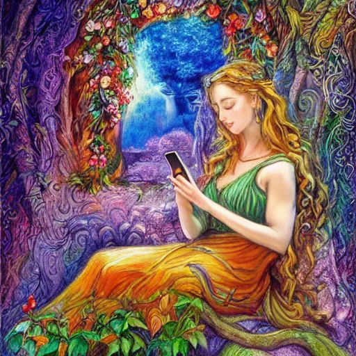 Image similar to a nature goddess checking her cell phone by josephine wall, high resolution