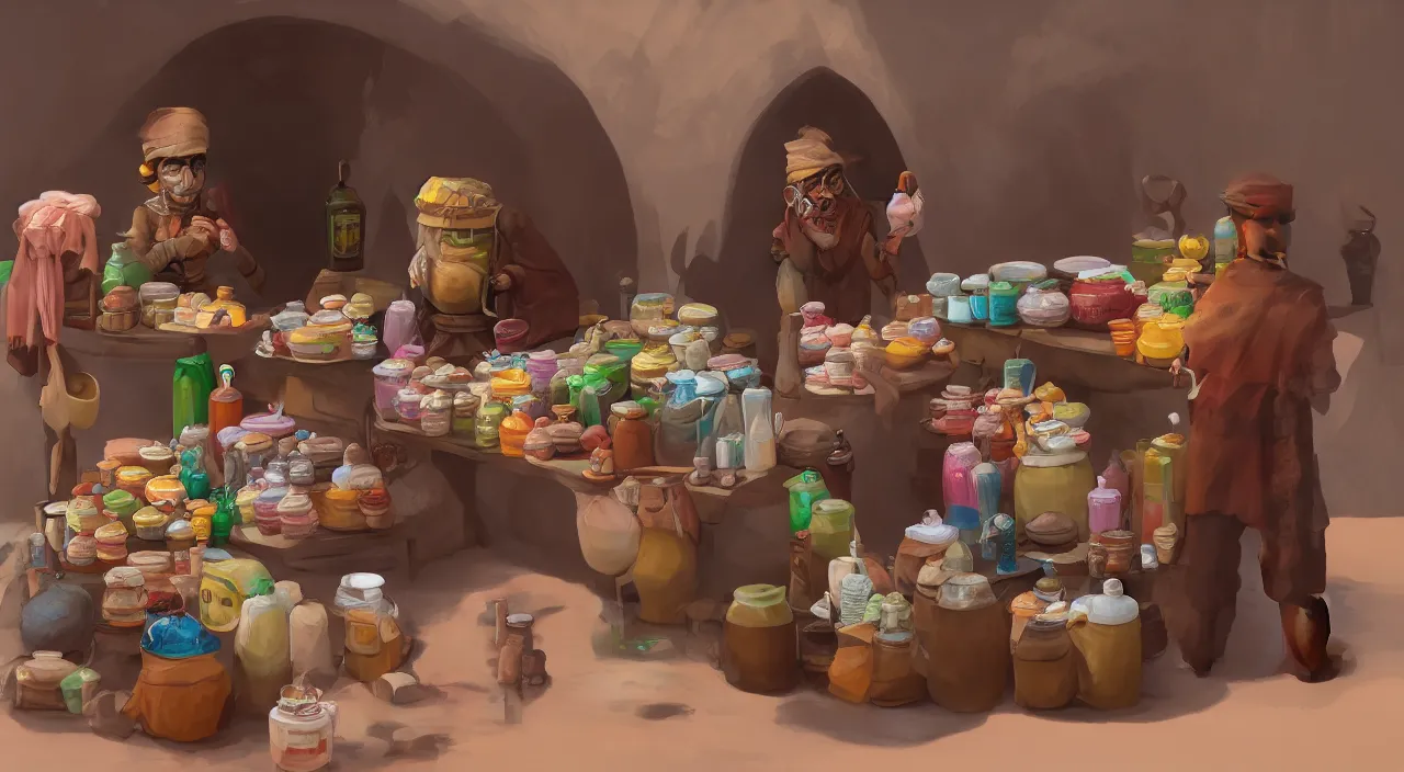 Prompt: A desert shopkeeper selling canteens, trending on artstation