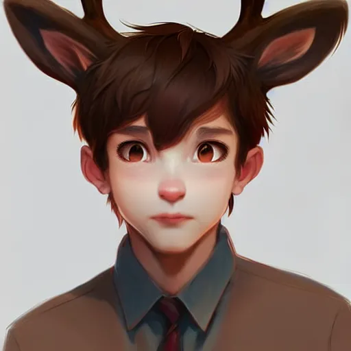 Image similar to character design portrait of a kind anthropomorphic furry deer man with deer ears, short brown hair, wearing a shirt, looking at the camera, 4 k, concept art, by wlop, ilya kuvshinov, artgerm, krenz cushart, pixiv.