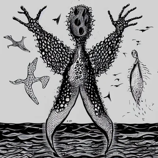 Image similar to A trypophobia fish with man hands for fins, fighting a seagull with human teeth and bat wings for feet, in the style of Tim Burton