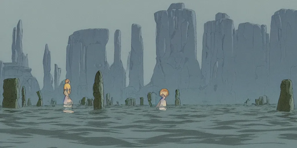 Image similar to a realistic cell - shaded studio ghibli concept art from paprika ( 2 0 0 6 ) of an aquatic ape from close encounters of the third kind ( 1 9 7 7 ) in a flooded monument valley stonehenge. very dull colors, wide shot, hd, 4 k, hq