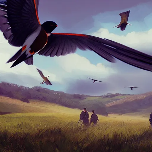 Image similar to spanish swallow birds flying in avila, golondrinas, green fields, winter season, 4 k, midday light, concept art, by wlop, ilya kuvshinov, artgerm, krenz cushart, greg rutkowski, pixiv. cinematic dramatic atmosphere, sharp focus, volumetric lighting, cinematic lighting, studio quality