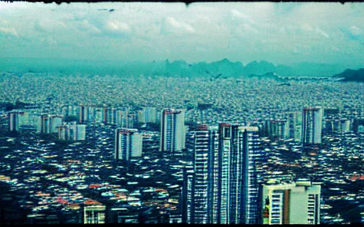 Image similar to A Filipino teenager flying above Metro Manila, 35mm film, ethereal, rule of thirds by Iwai Shunji