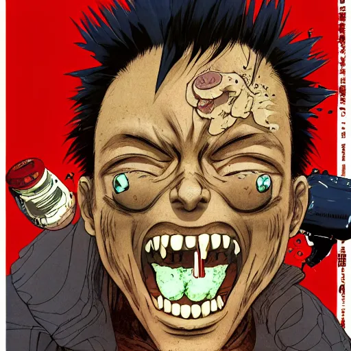 Prompt: full page illustration of tetsuo open mouth, showing a pill on his tongue, by Katsuhiro Otomo, 8k, hd, high resolution print