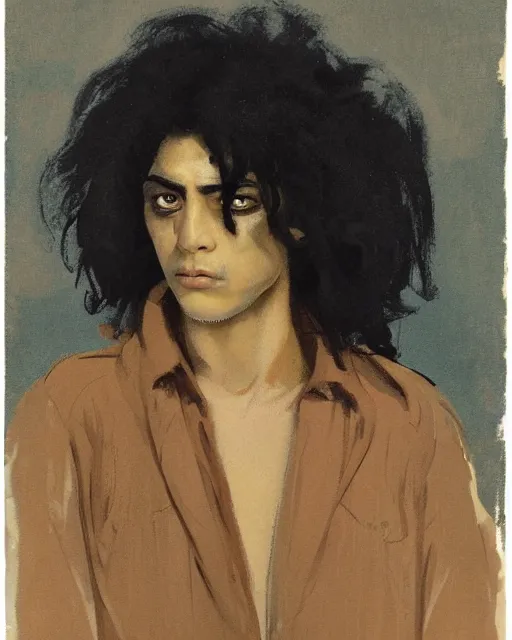 Prompt: a beautiful but sinister ethnically ambiguous young man in layers of fear, with haunted eyes and wild hair, 1 9 7 0 s, seventies, woodland, a little blood, moonlight showing injuries, delicate embellishments, painterly, offset printing technique, by brom, robert henri, walter popp
