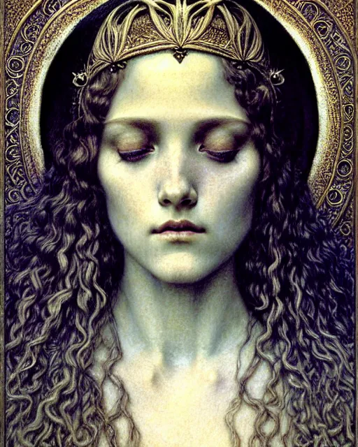 Image similar to detailed realistic beautiful young medieval queen face portrait by jean delville, gustave dore and marco mazzoni, art nouveau, symbolist, visionary, gothic, pre - raphaelite. horizontal symmetry