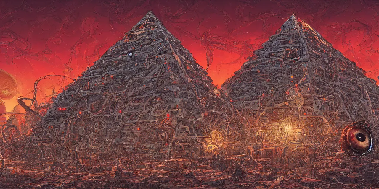 Prompt: hyper detailed comic illustration of a lone giant fleshy bio-mechanical machine pyramid with one eyeball at the top, overlooking a dystopian wasteland, bright colors with red hues, lovecraftian