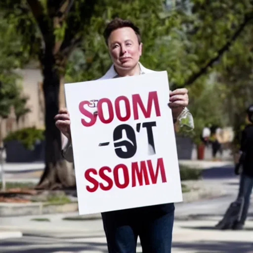 Image similar to a medium shot photograph of elon musk holding a sign with the word SOON SOON SOON SOON' on it, 4k, ultra HD