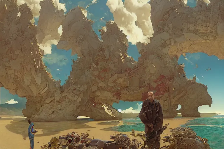 Prompt: an epic painting of tired and bored 5 5 - year old male journalist finally going on beach vacation, artstation, hyperdetailed, beautiful lighting, by james jean, moebius, cory loftis, craig mullins, rutkowski, mucha, kim jung - gi, klimt, roger dean, highly detailed, few ultramarine highlights, oil on canvas