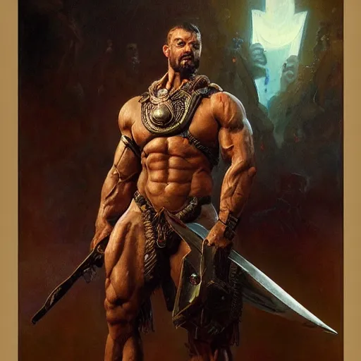 Prompt: handsome portrait of a spartan guy bodybuilder posing, radiant light, caustics, war hero, dmt, ghost in the shell, by gaston bussiere, bayard wu, greg rutkowski, giger, maxim verehin