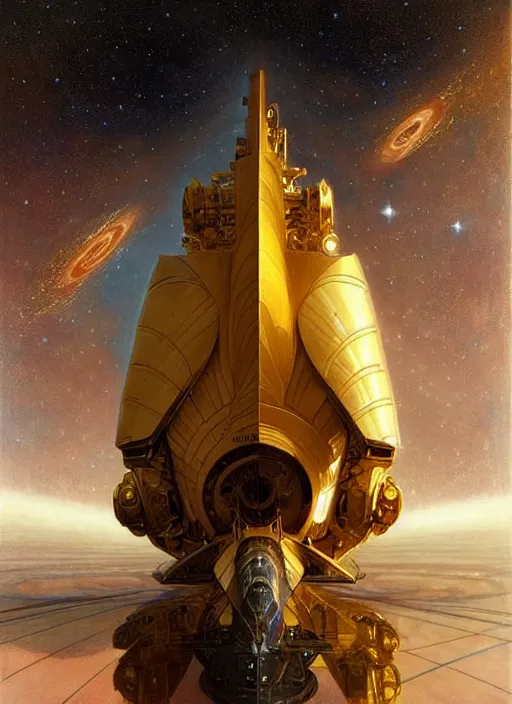 Image similar to Giant golden space cruiser in space , diffuse lighting, fantasy, intricate, elegant, highly detailed, lifelike, photorealistic, digital painting, artstation, illustration, concept art, smooth, sharp focus, art by John Collier and Albert Aublet and Krenz Cushart and Artem Demura and Alphonse Mucha